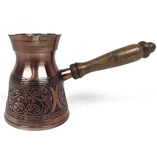 Brass Copper finish Engraved Hammered Turkish Greek Arabic Coffee Pot with Wooden Handle, Stovetop Coffee Maker (Matte)