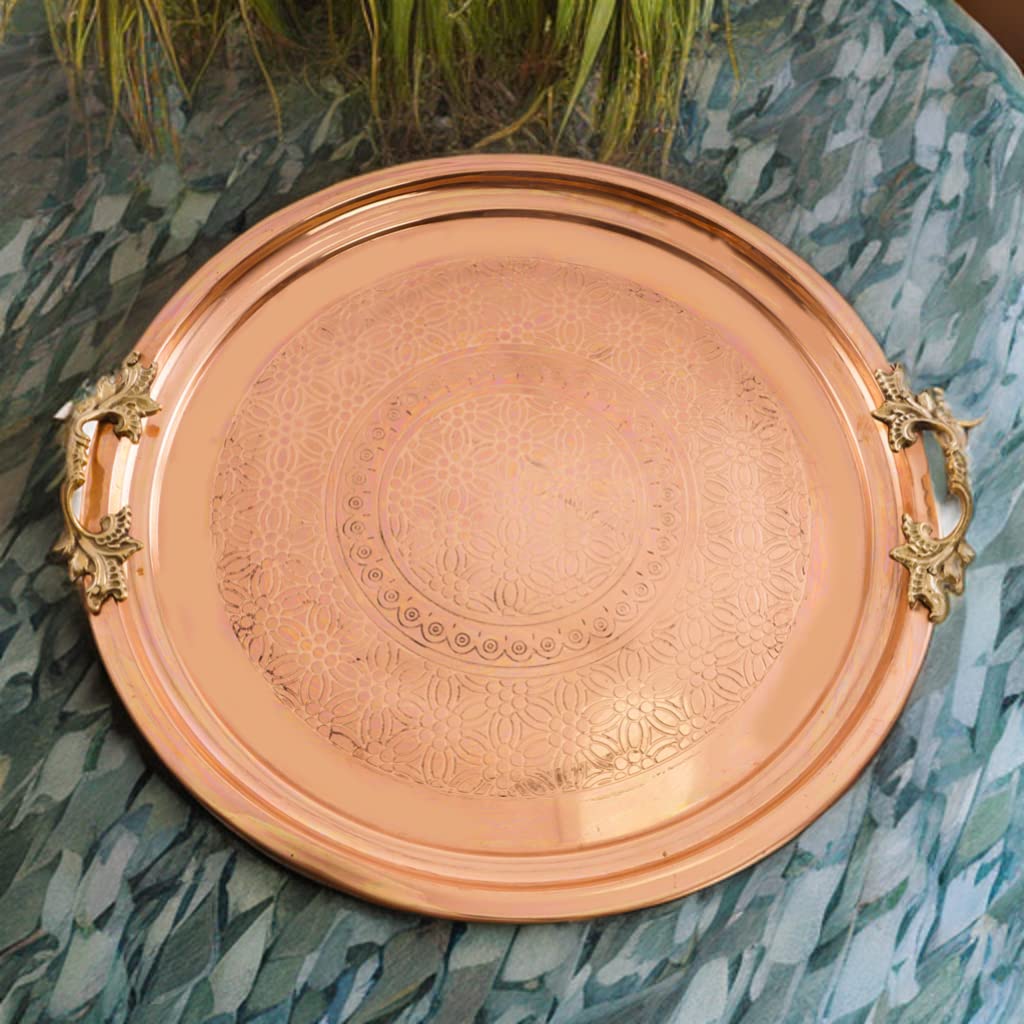 Traditional Design Handmade Hammered Copper Serving Tray with Brass Handle Large Platters- Decorative Centerpiece Kitchen Multi-Purpose Coffee Table Dinner Breakfast Food Farmhouse- 35.5cm 13.9"