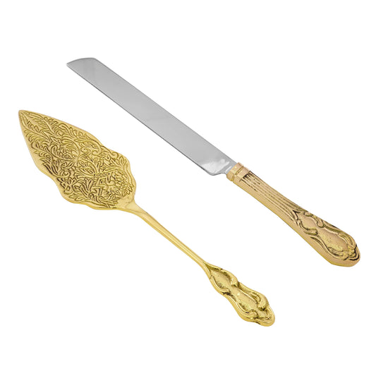 Brass Wedding Cake Knife & Server Set, Vintage Cake Cutting Utensils, Party Supplies Golden Anniversary Decorations