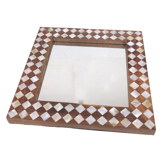 13x13 Inch Beautiful Handmade Mother of Pearl Mirror Wooden Square Serving Decorative Serving Tray for Parties Large Handles for Easy Handling, Beautiful Wooden Tray for Multiple uses