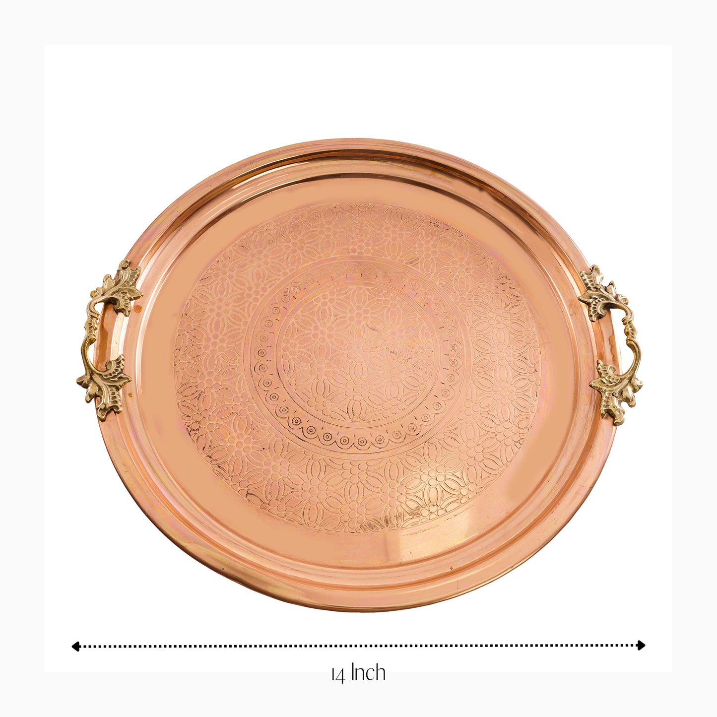 Traditional Design Handmade Hammered Copper Serving Tray with Brass Handle Large Platters- Decorative Centerpiece Kitchen Multi-Purpose Coffee Table Dinner Breakfast Food Farmhouse- 35.5cm 13.9"