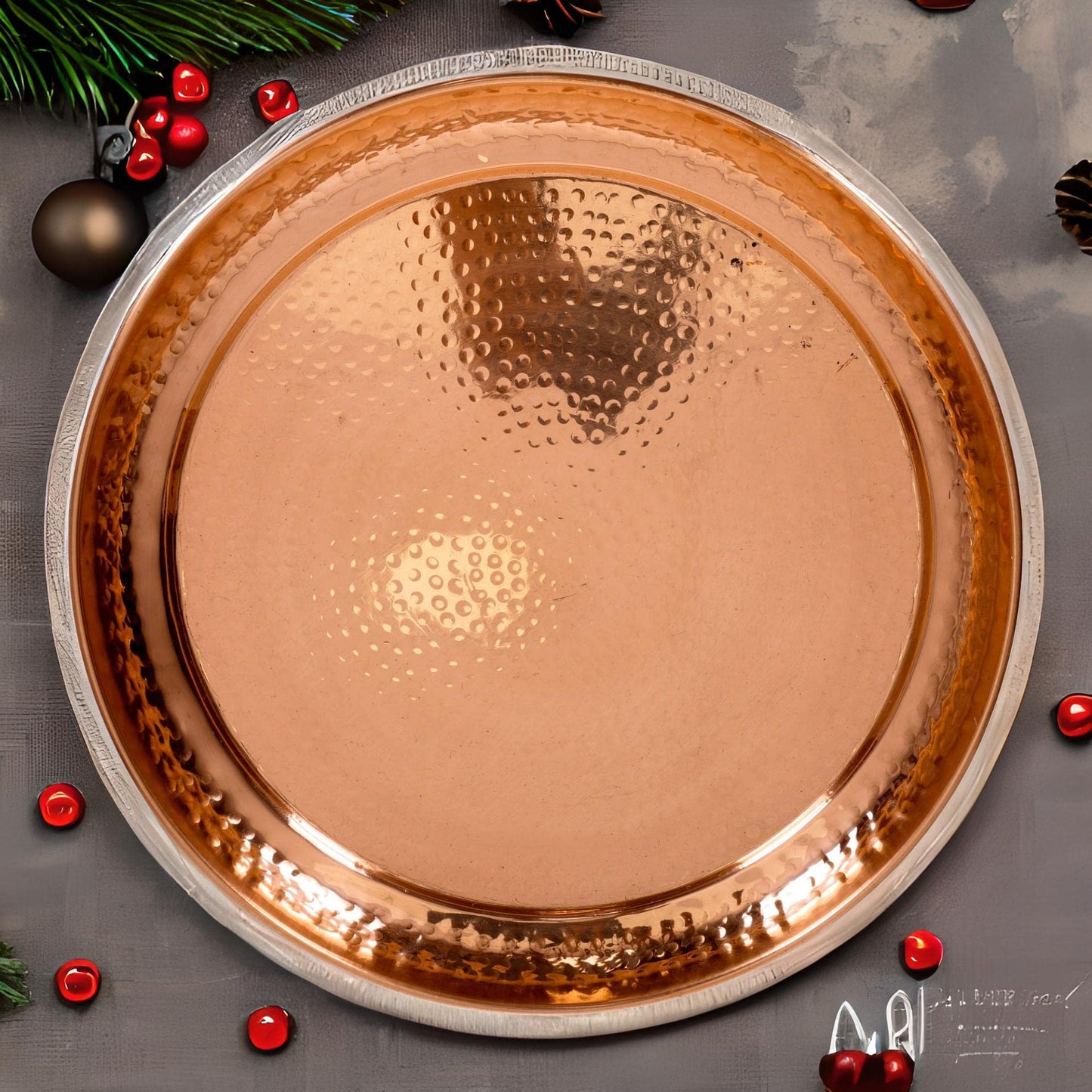 Aruma Large Contemporary Hammered Edge Pure Copper Circular Serving Party Tray- 13 Inch Round Charger Platter Serving Dish