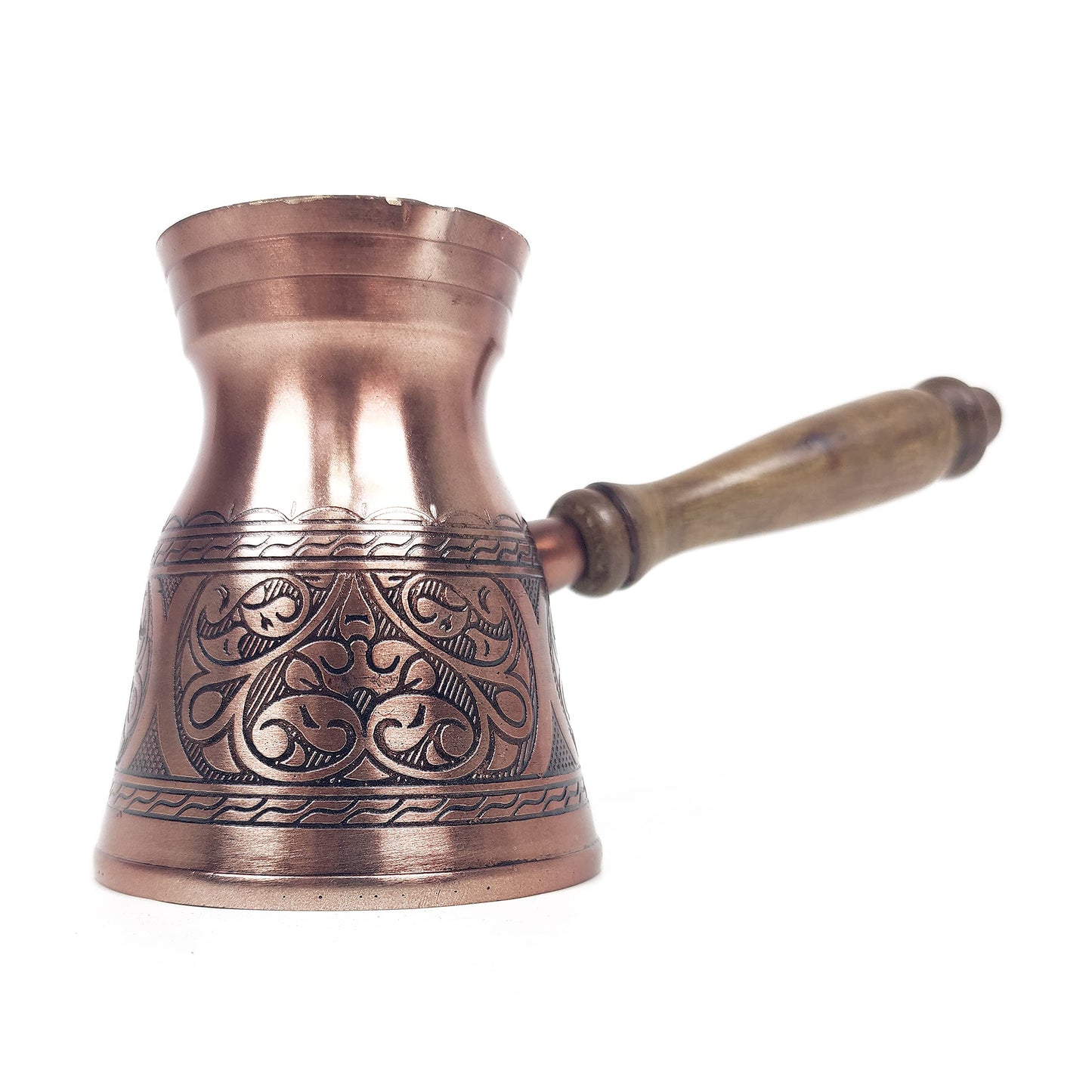 Brass Copper finish Engraved Hammered Turkish Greek Arabic Coffee Pot with Wooden Handle, Stovetop Coffee Maker (Matte)