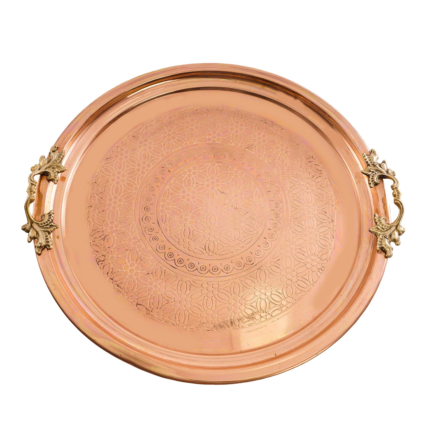 Traditional Design Handmade Hammered Copper Serving Tray with Brass Handle Large Platters- Decorative Centerpiece Kitchen Multi-Purpose Coffee Table Dinner Breakfast Food Farmhouse- 35.5cm 13.9"